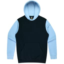 A hoodie featuring a navy body and light blue sleeves, complete with a front pocket and a hood.