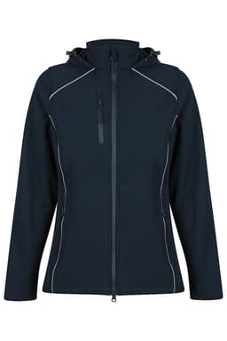 A dark blue soft shell jacket with a hood, featuring zippered pockets and contrasting stitching. It has a logo.