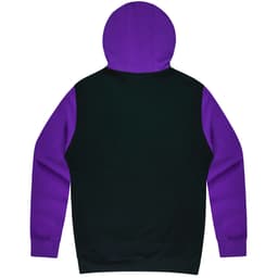 A hoodie featuring a black body and purple sleeves, with a hood at the back. It has a logo on it.