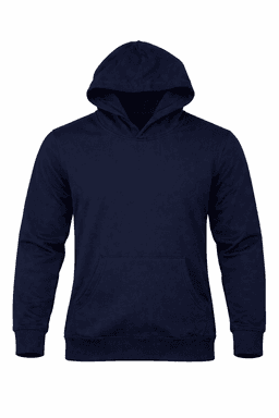A navy blue hoodie featuring a front pocket and a hood, with a logo in the centre.