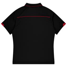 A black polo shirt with red accents and a logo on the back, designed for sports uniforms.