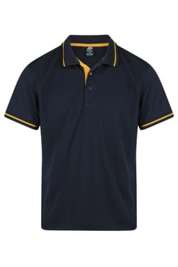 A navy polo shirt with yellow accents on the collar and sleeves, featuring a logo.
