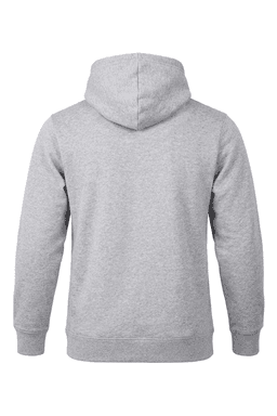 A grey men's hoodie with a hood, featuring a simple design and no visible front details.