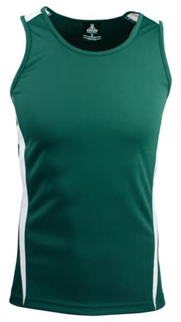 A green men's singlet with white side panels and a logo on the inside tag.