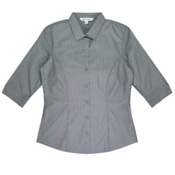 A grey button-up shirt with 3/4 sleeves and a fitted design, featuring a logo.