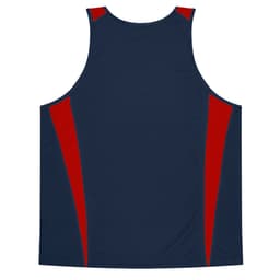 A navy singlet with red accents, featuring a logo on the front. Suitable for kids.