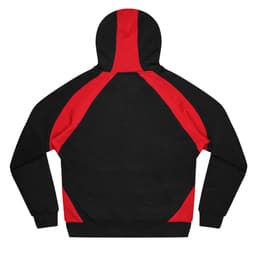 A black hoodie with red accents on the shoulders and back, featuring a hood and long sleeves.