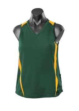 A green singlet with yellow side stripes, featuring a v-neck design. It has a logo on the garment.