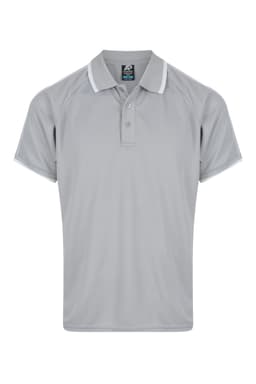 A grey men's polo shirt with white accents and a logo on the chest. Short sleeves and a collared neckline.
