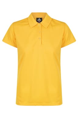 A yellow polo shirt featuring a classic collar and button detail, with a branded logo on the inside.