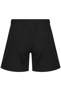 Black sports shorts with an elastic waistband and a simple design, featuring a logo.