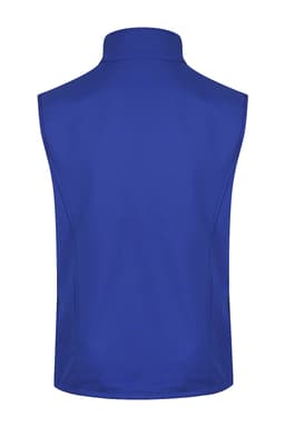 A blue men's work vest featuring a high collar and no sleeves, with a branded logo on the back.