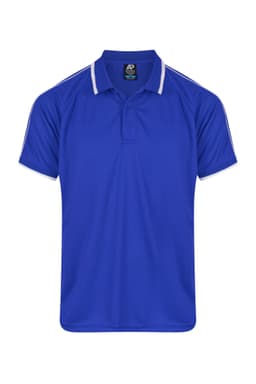 A blue polo shirt with white accents and a logo. Short-sleeved design.