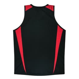 A black singlet with red accents on the shoulders and sides, featuring a logo on the fabric.