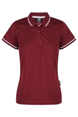 A maroon polo shirt featuring a classic collar and striped detailing, with a logo on the left side.