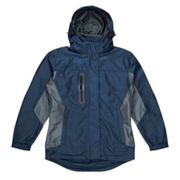 A navy blue jacket with grey side panels and a hood. It features a front zip pocket and branding.