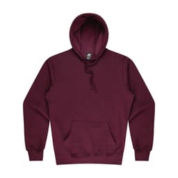 A maroon men's hoodie featuring a front pocket and a drawstring hood. It has a logo on the label.