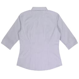 A button-up shirt with 3/4 sleeves in light blue and white striped pattern, featuring a collar and a back view.