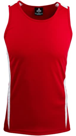 A red men's singlet featuring white side panels and a branding logo at the neckline.