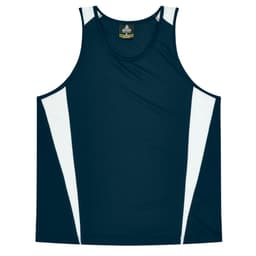 A dark navy singlet featuring white side panels and a branding logo at the neckline.