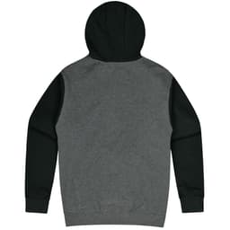 A grey and black hooded jumper featuring long sleeves and a hood, with a logo on the back.
