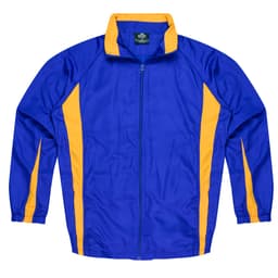 A blue tracktop with yellow side panels and a zip front. It features a collar and long sleeves.