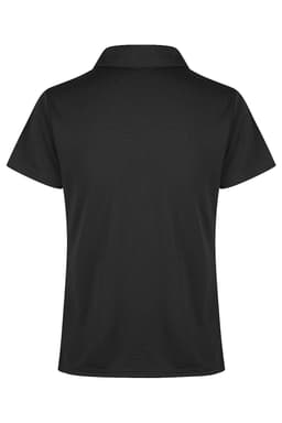 A black polo shirt with a classic collar and short sleeves. Features a logo on one side.