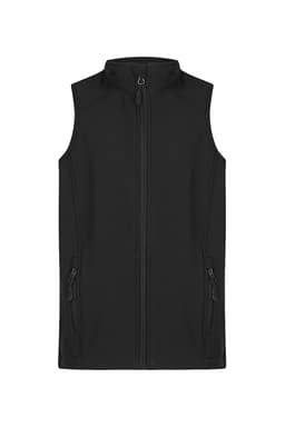 A black kids' vest with a zip front and two side pockets, featuring a logo on the front.