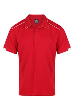 A red men's polo shirt with white accents and a logo on the front. Short-sleeved design.