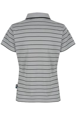 A polo shirt in grey with alternating thin black stripes and a collar, featuring a logo on the side.