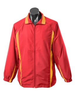 A red and yellow tracktop with long sleeves and a zip front, featuring elasticised cuffs and a collar.