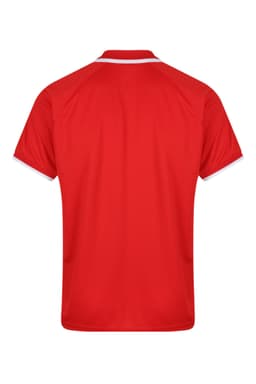 A red polo shirt featuring a white trim and a logo on the back.