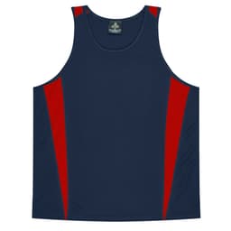 A navy singlet with red side panels, featuring a logo at the neckline. Suitable for casual wear or sports.