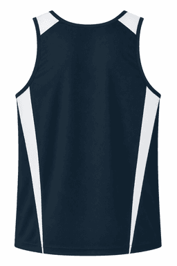A navy blue singlet featuring white panels on the sides and a logo on the back.