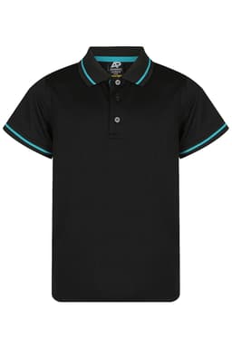 A black polo shirt with turquoise detailing on the collar and sleeves. It features a logo on the chest.