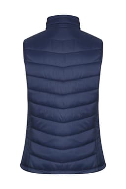 A navy puffer vest with a high collar and quilted design, featuring a branding logo.