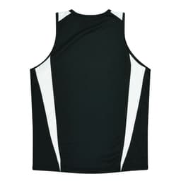 A black singlet with white panels on the sides and a logo on the back.