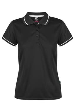 A black polo shirt with a collar and contrasting white stripes, featuring a logo and buttons down the front.