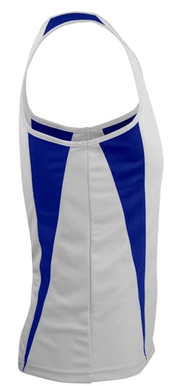 A sleeveless white singlet with blue panels on the sides and a logo.