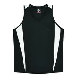 A black singlet with white accents and a v-neck design. It features a logo on the front.