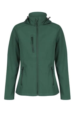 A green soft shell jacket with a zip front, two side pockets, and a hood, featuring a logo.