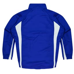 A blue tracktop featuring white side panels and a high collar, designed for kids. It has a branded logo.