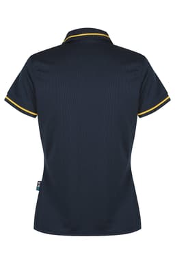 A dark navy polo shirt with yellow trim, featuring a collar and short sleeves. It includes a logo branding.
