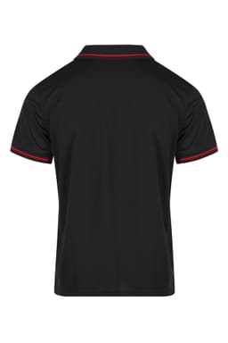 A black polo shirt with red piping, featuring a collar and short sleeves. It has a logo on the left side.