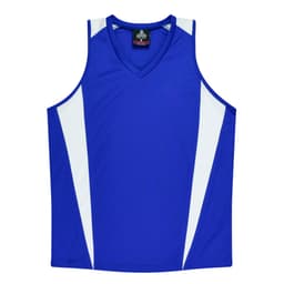 A blue singlet featuring white panels, designed for active wear, with a logo on the neckline.
