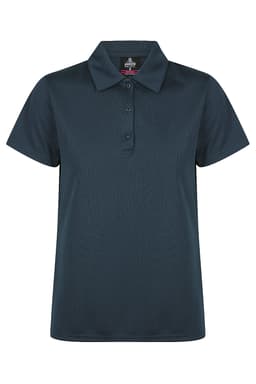 A dark green polo shirt featuring a collar and three button placket, with a logo on the label.