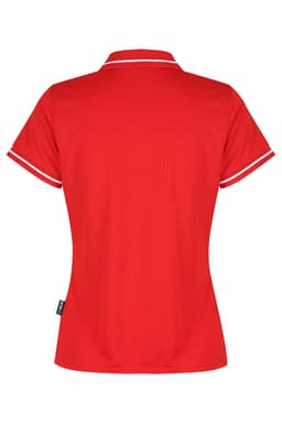 A red polo shirt with white trim and a branded logo, featuring a classic collared design.