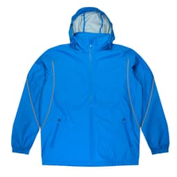 A blue men's jacket with a hood, featuring zip pockets and elastic cuffs, and includes a logo.