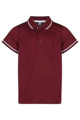 A maroon polo shirt featuring contrasting white collar and sleeve accents, with a logo on the front.