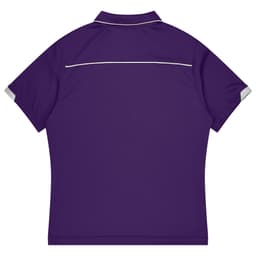A purple sports polo shirt with contrasting trim on the collar and sleeve edges, featuring a logo.